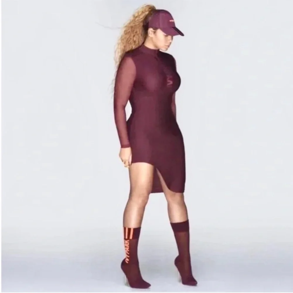 Adidas × IVY PARK Long Sleeve Front Zip Bodycon Asymmetric Mini Dress Maroon S - Picture 6 of 12